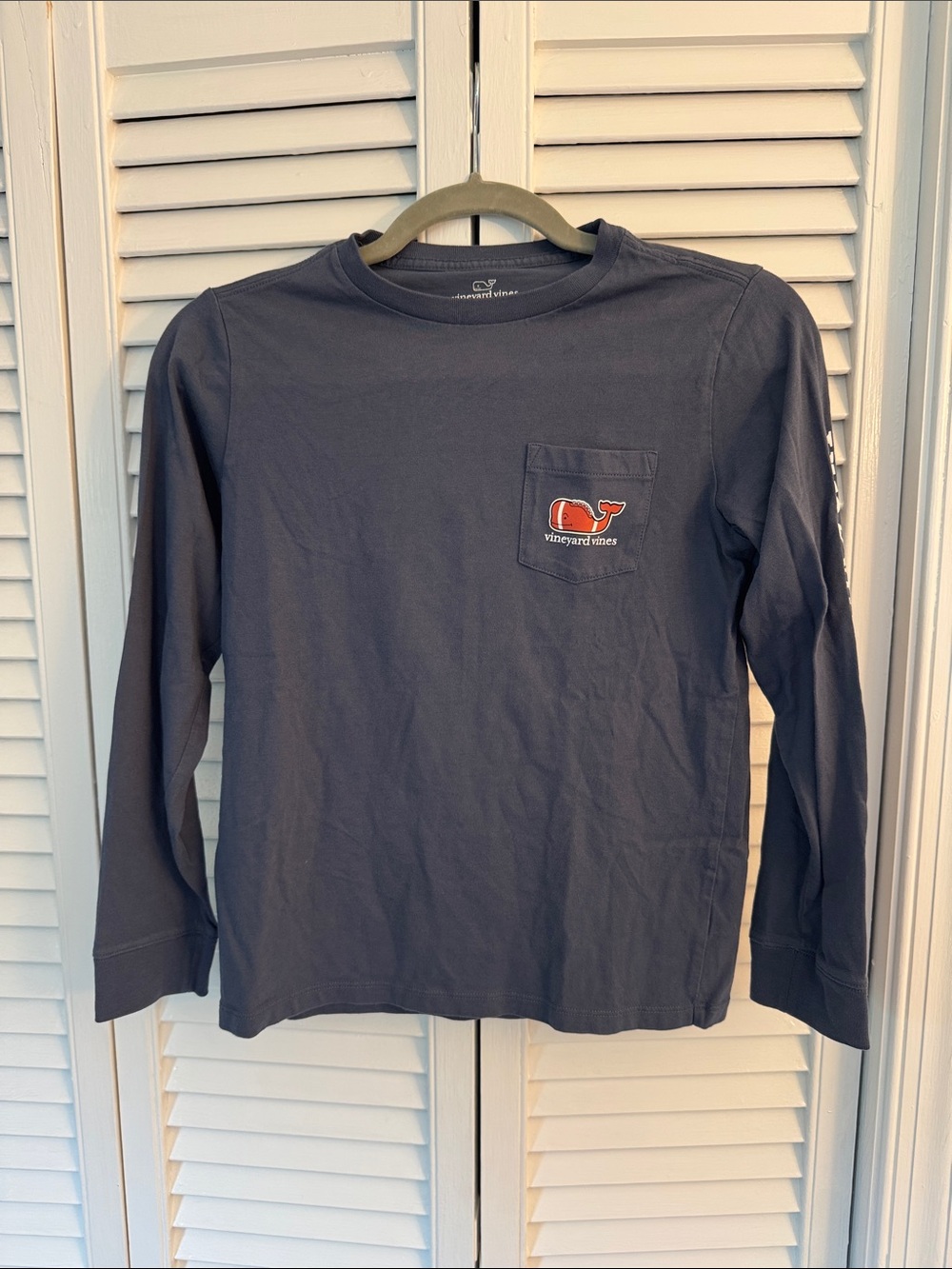 Vineyard Vines Kids Long-Sleeve Pocket Tee in Navy with Football Whale
